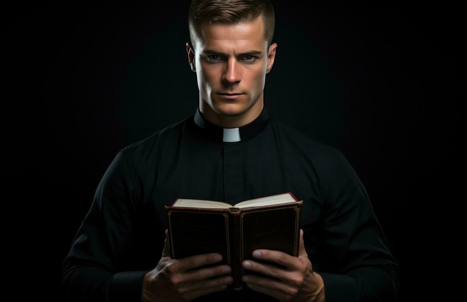 unnamed priest man looking at bible. photo