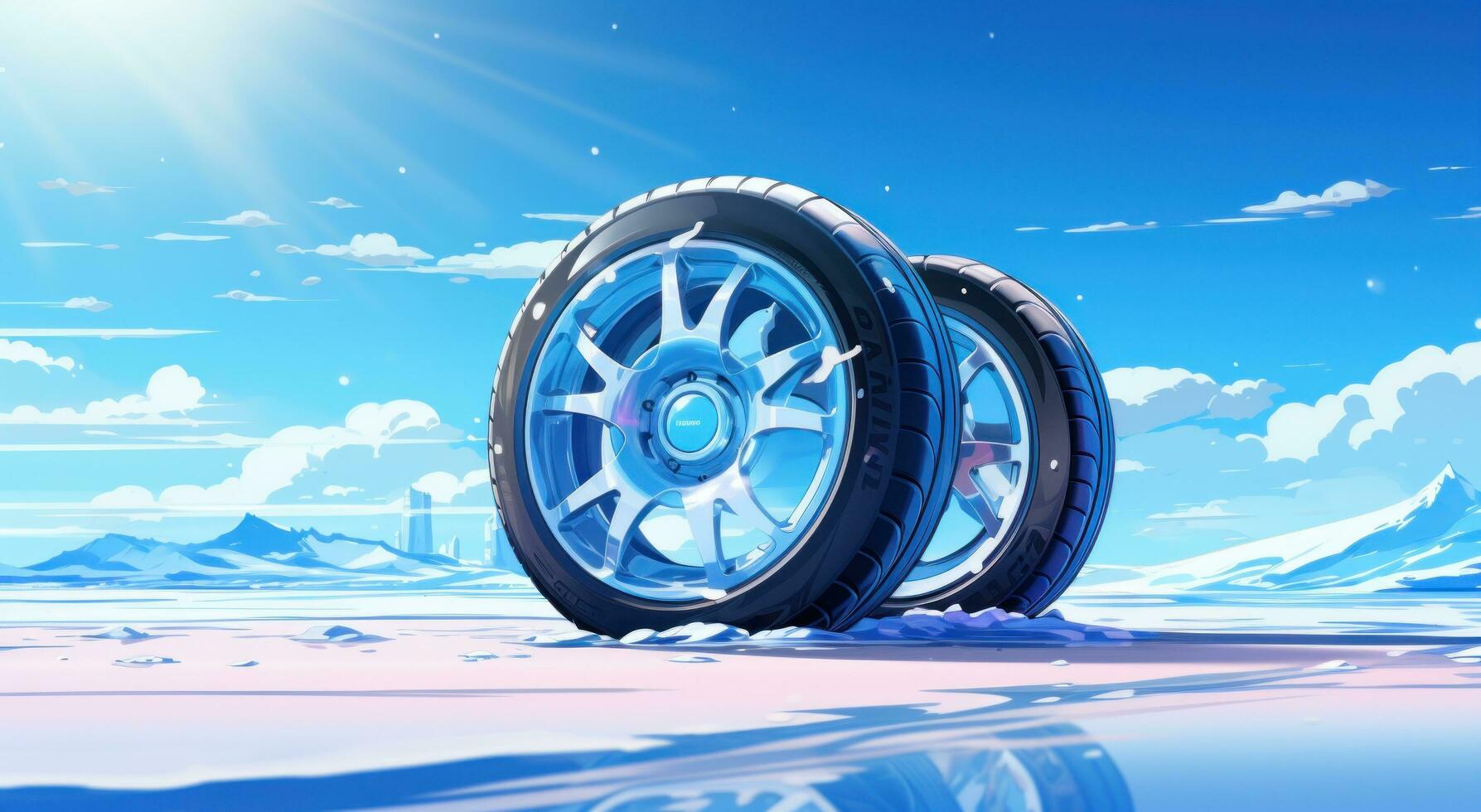 a car tire on cold snowy roads with snow falling down photo