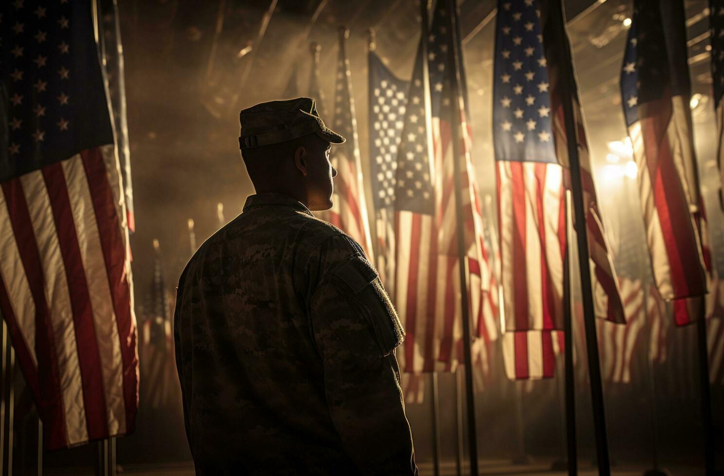 a soldier looking at flags. photo