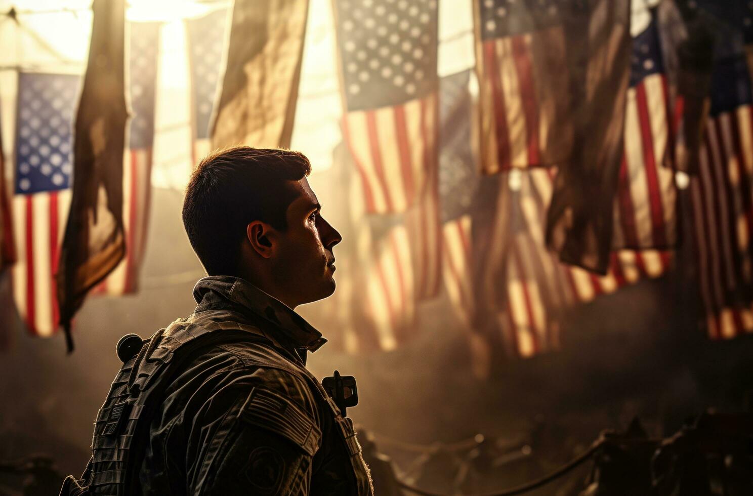 a soldier looking at flags. photo