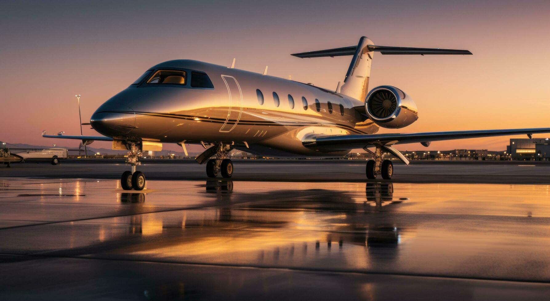 a private jet at sunset parked outdoors photo