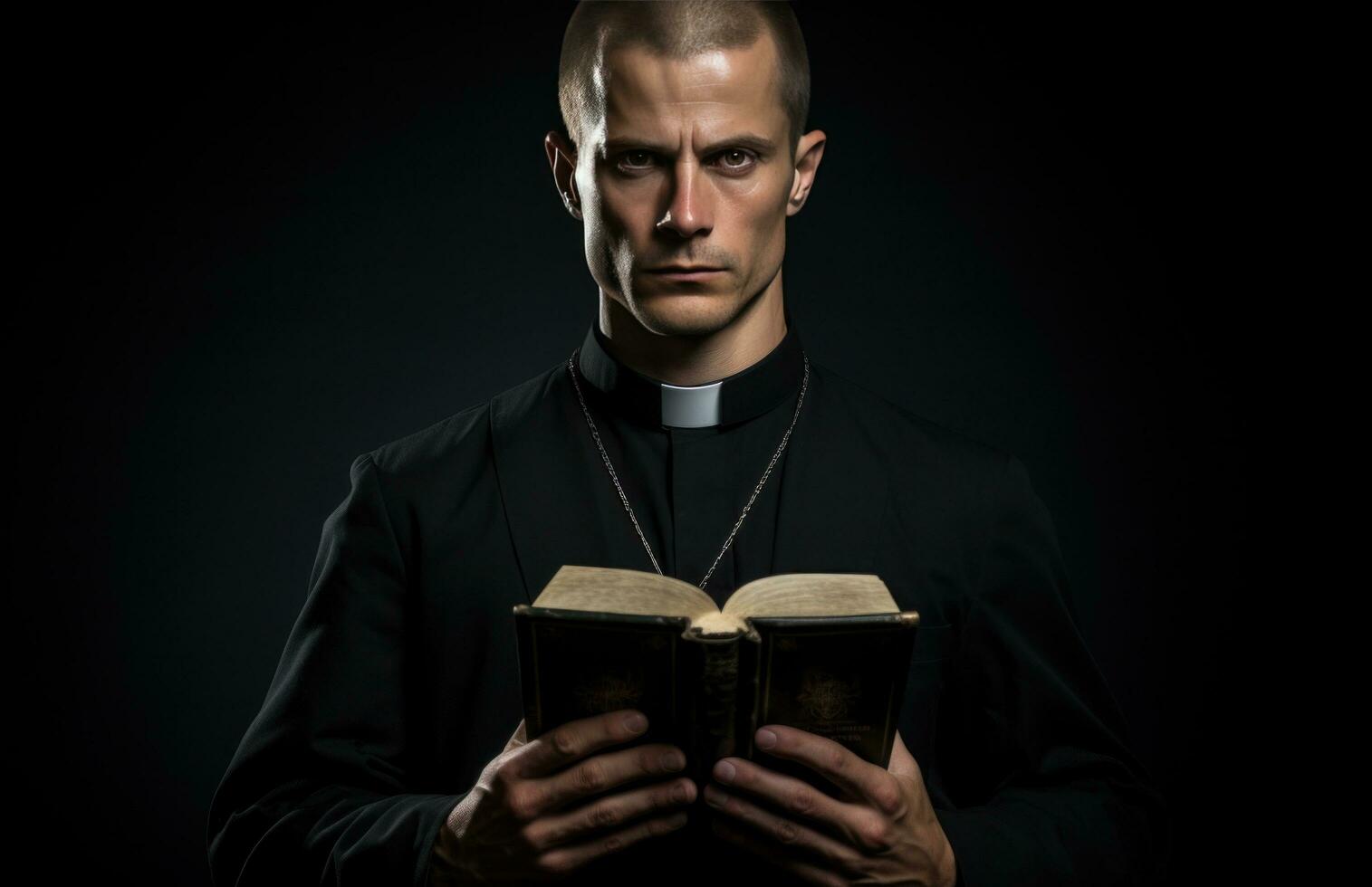 unnamed priest man looking at bible. photo