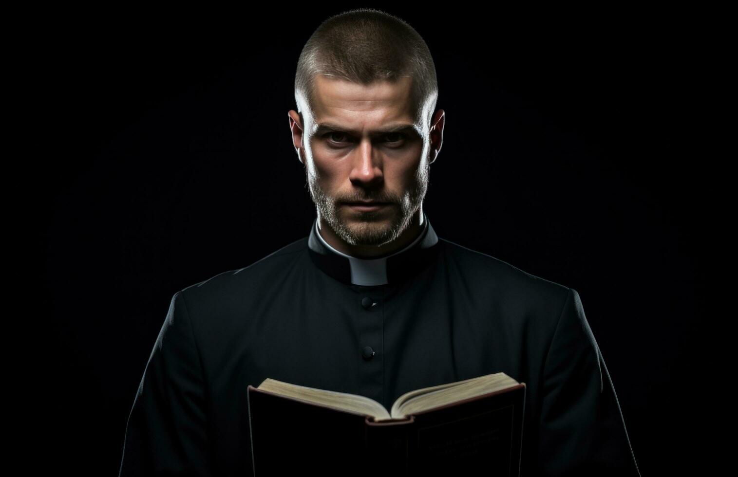 unnamed priest man looking at bible. photo