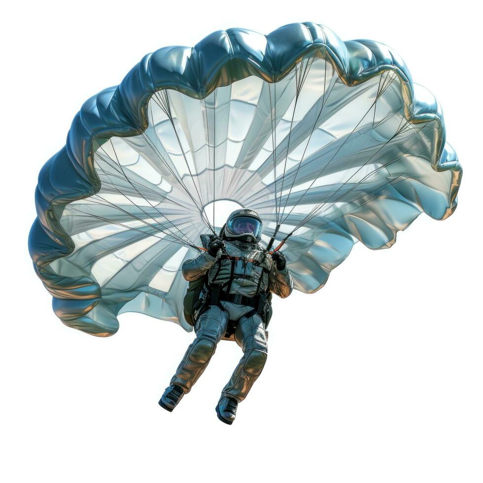 a skydiver flying with an open parachute, isolated photo