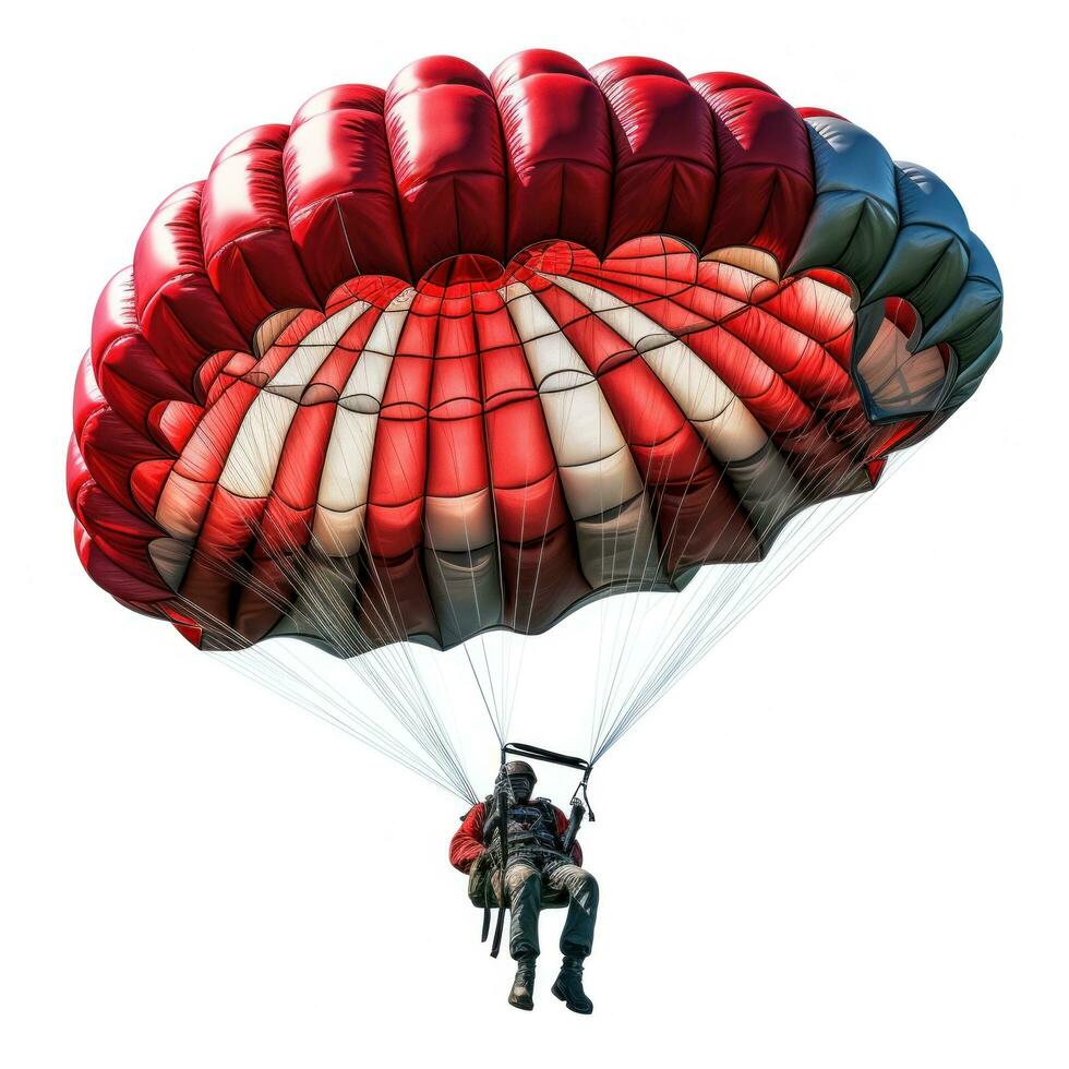 a skydiver flying with an open parachute, isolated photo