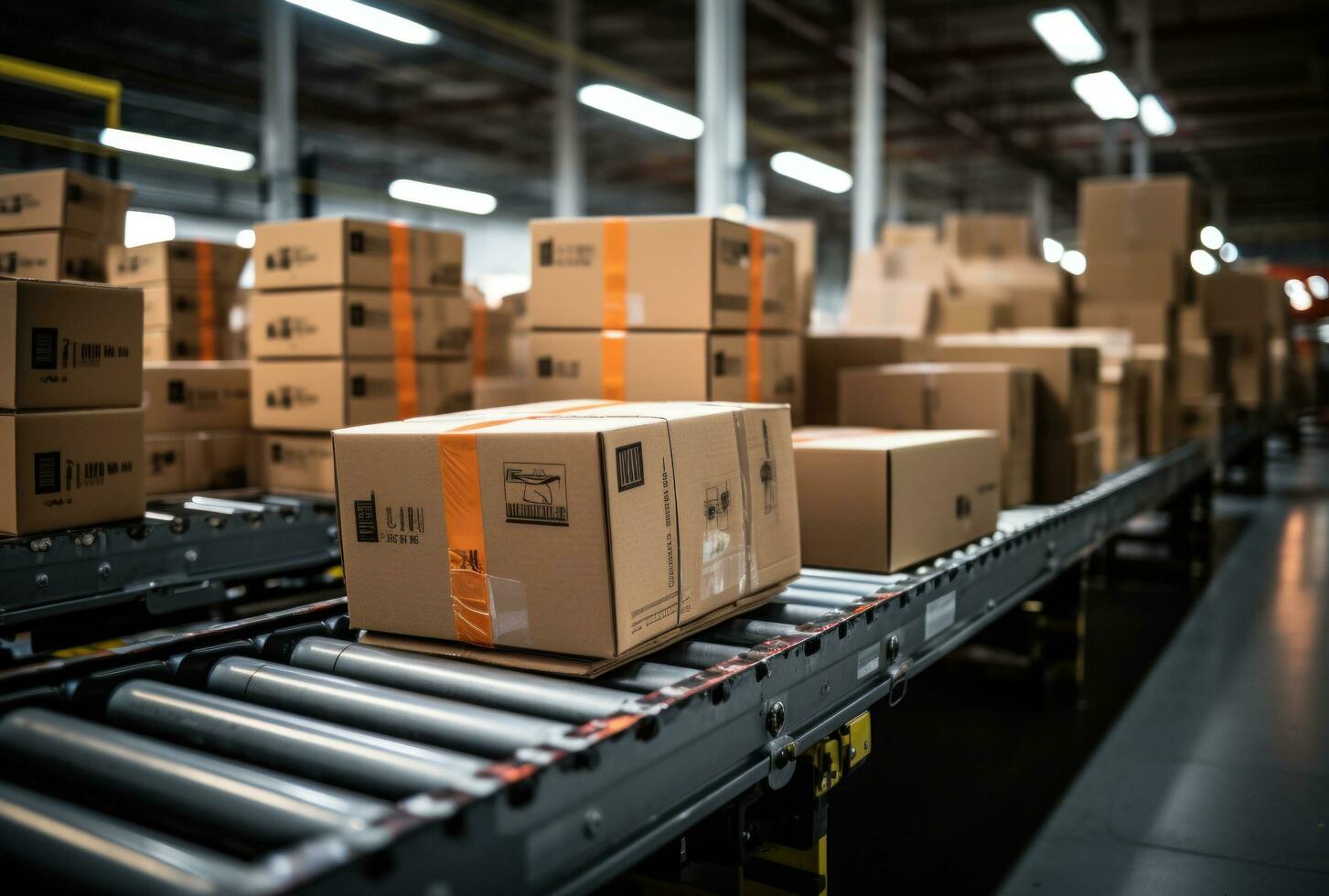 cardboard boxes sitting on a conveyor line at a production facility, photo