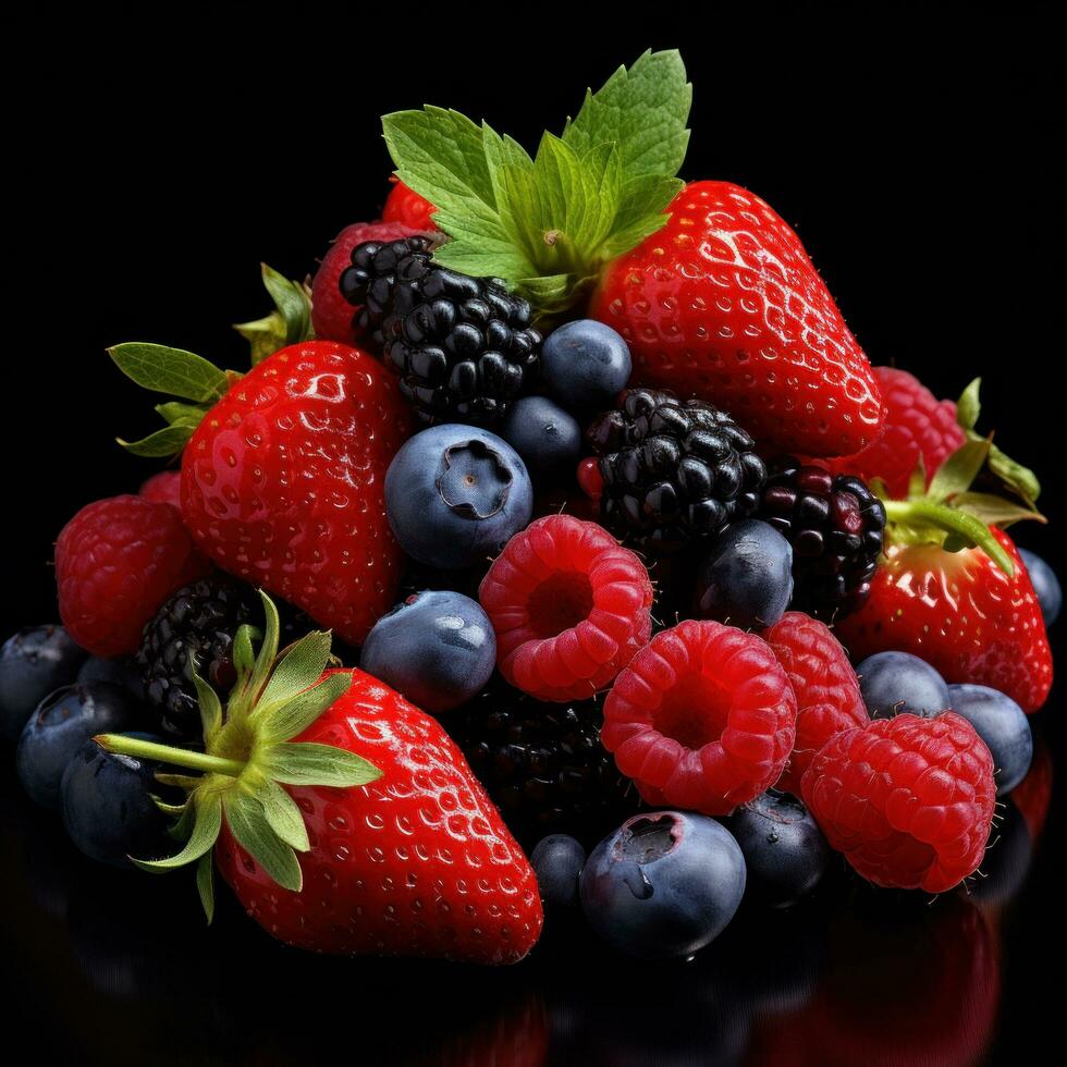 a mound of strawberries, raspberries, blueberries and mint, isolated photo