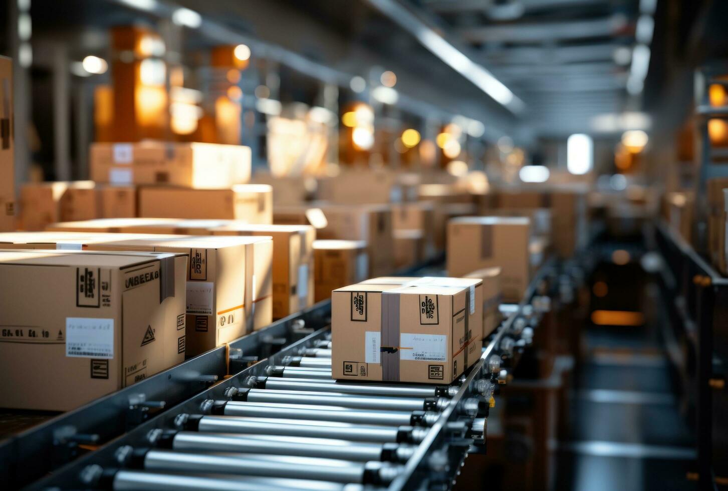 a conveyor line is full of cardboard boxes photo