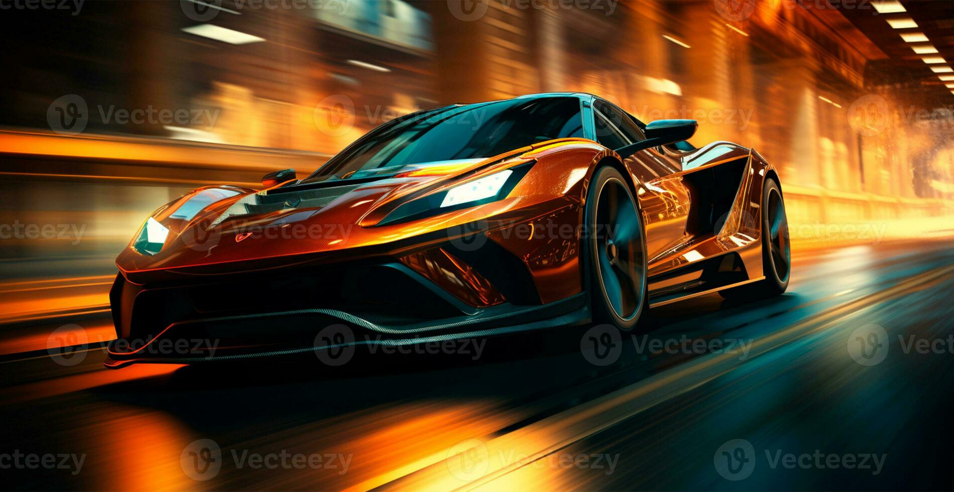 Car racing at high speed, blurred panoramic background - AI generated image photo