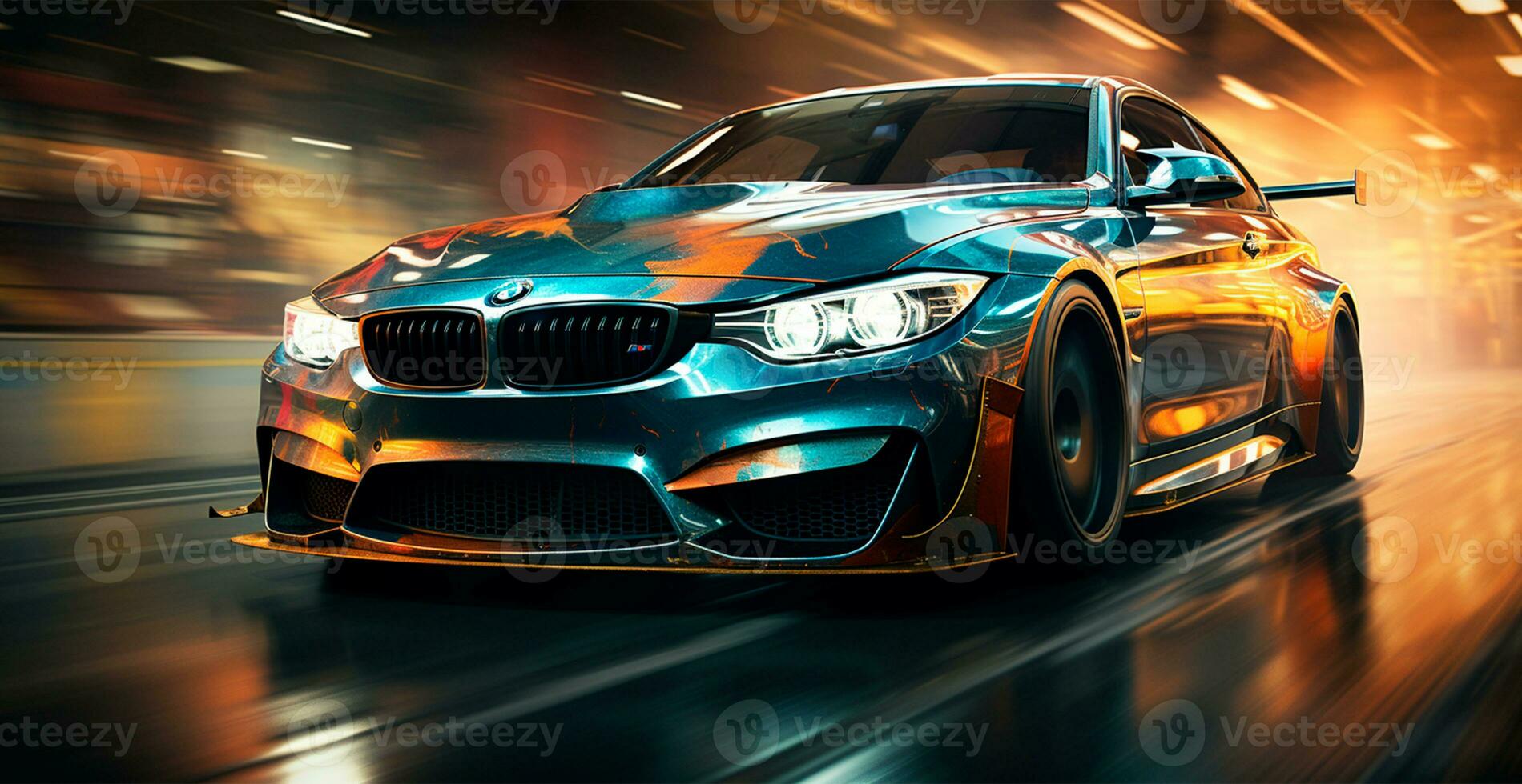 Car racing at high speed, blurred panoramic background - AI generated image photo