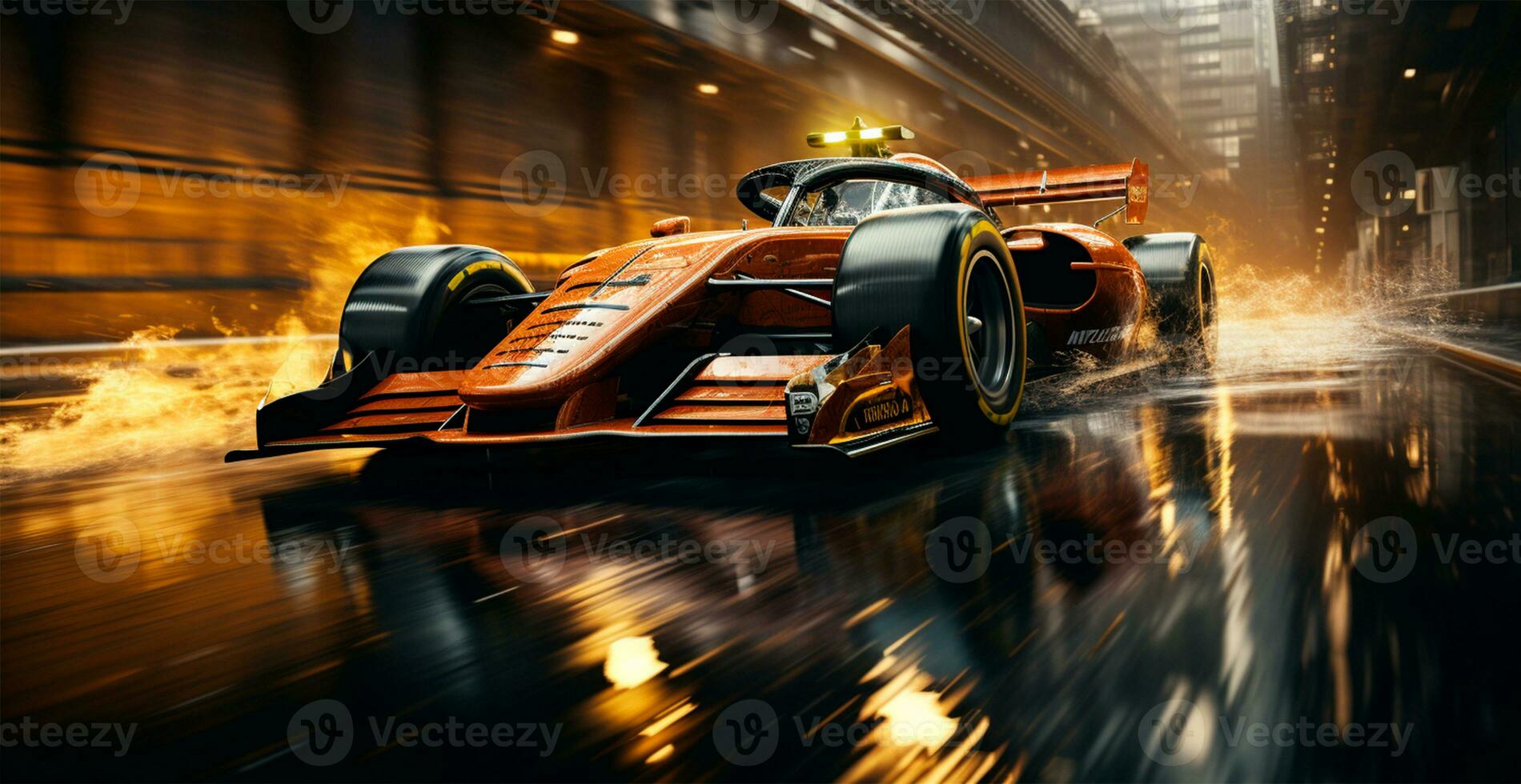 Car racing at high speed, blurred panoramic background - AI generated image photo