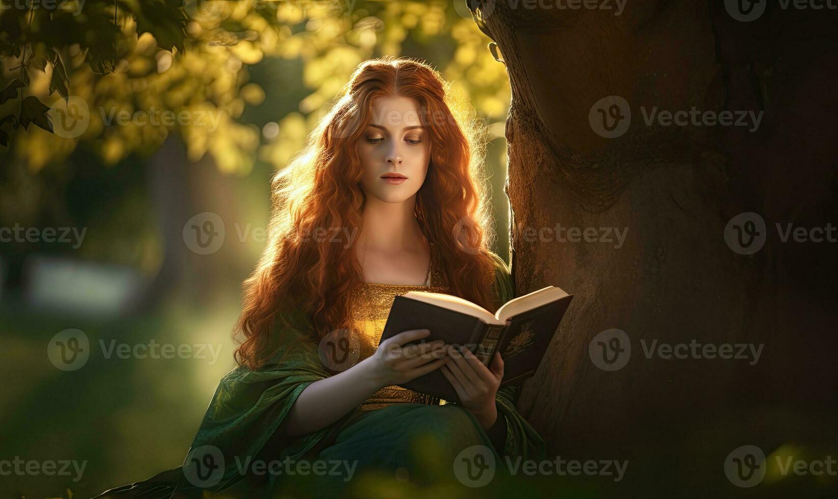 In the mystical forest, a Celt woman found solace in her book. Creating using generative AI tools photo