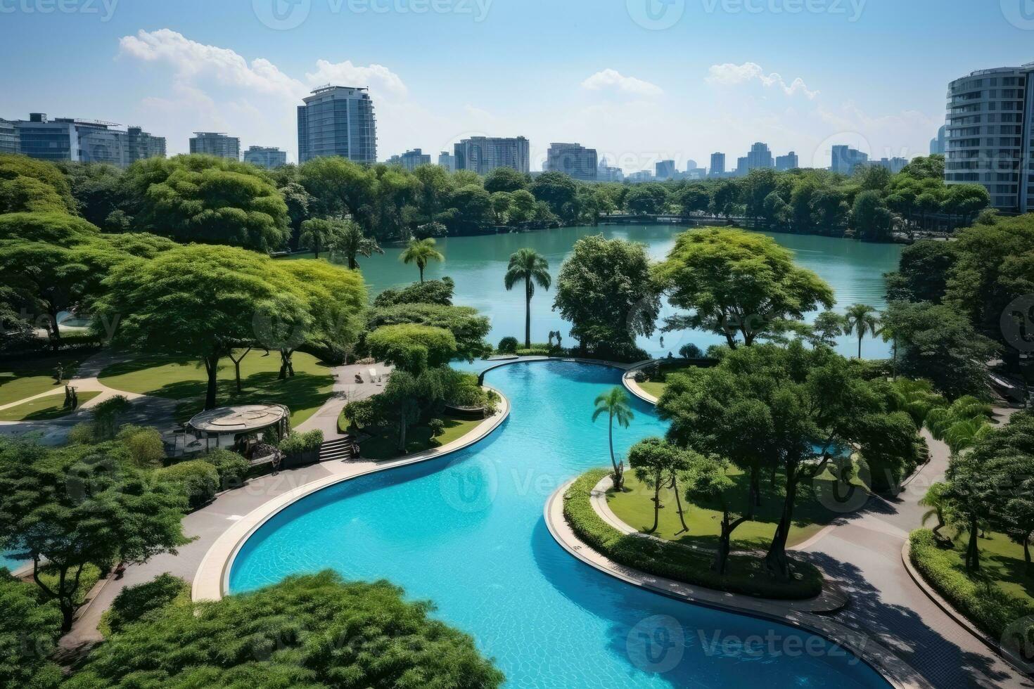 a park in a bustling city with wide open space flower fields AI Generated photo