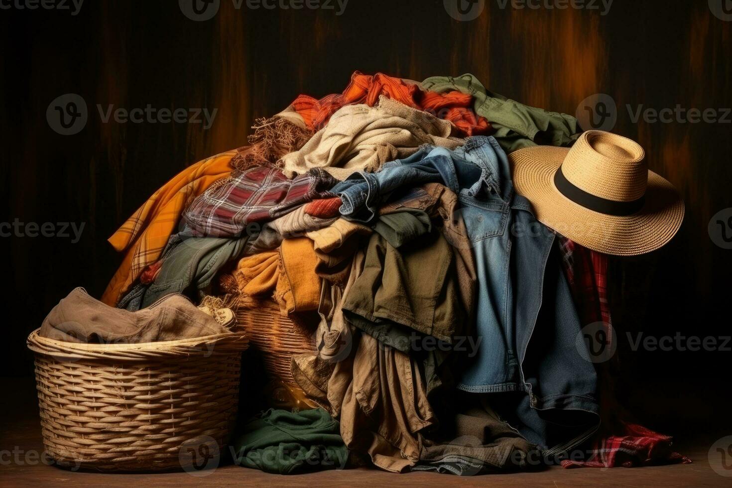 Pile of dirty clothes and Wicker basket with dirty laundry professional advertising photography AI Generative photo