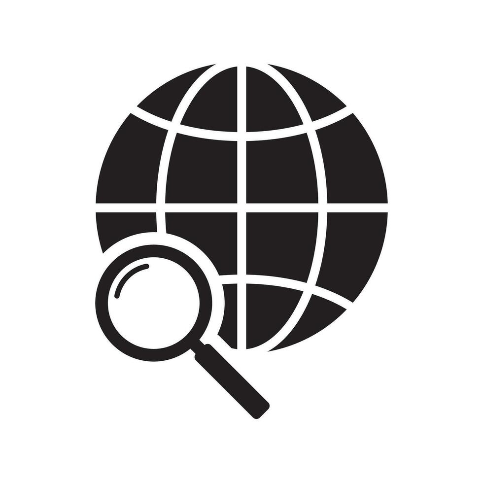 Magnifier and globe icon, search for a place on a map or on the globe icon. The icon of the magnifying glass and planet Earth. vector