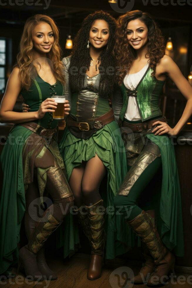 women with beer celebrating Oktoberfest on bar background. AI Generated photo