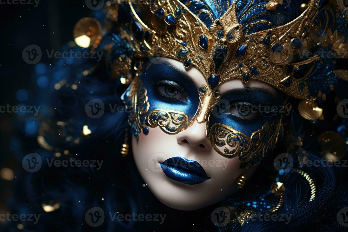 Beautiful woman in black mysterious venetian mask. AI Generated photo