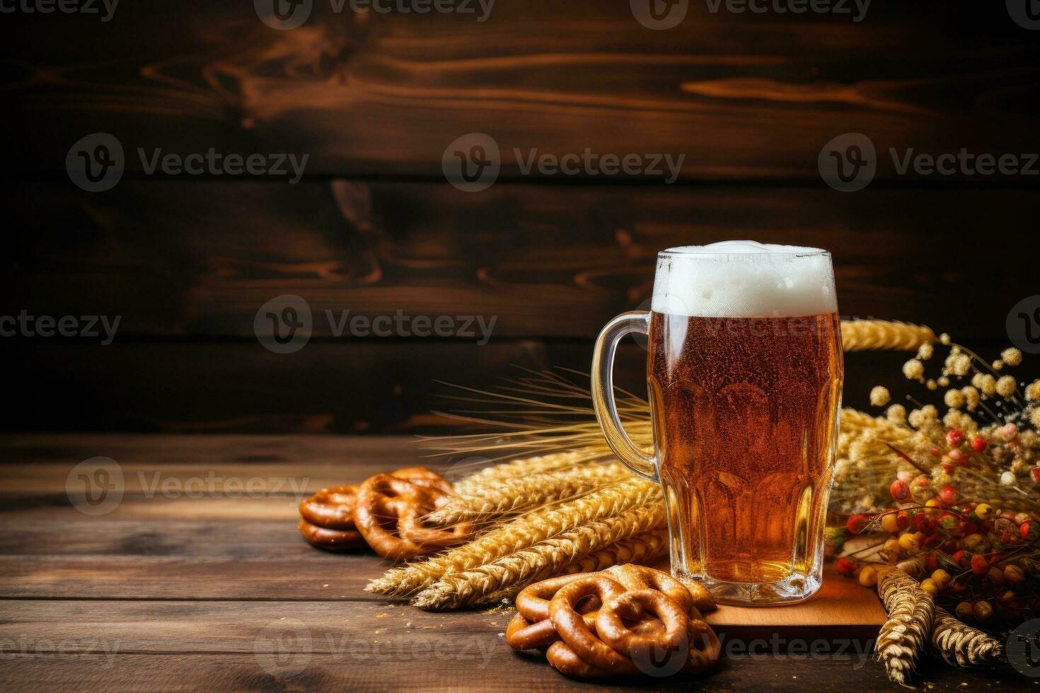 Cold lager beer in glass with wheat and hops on dark wood background top view. AI Generated photo