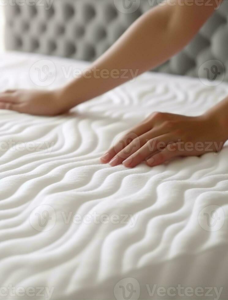 Woman touching soft orthopedic mattress. AI Generated photo