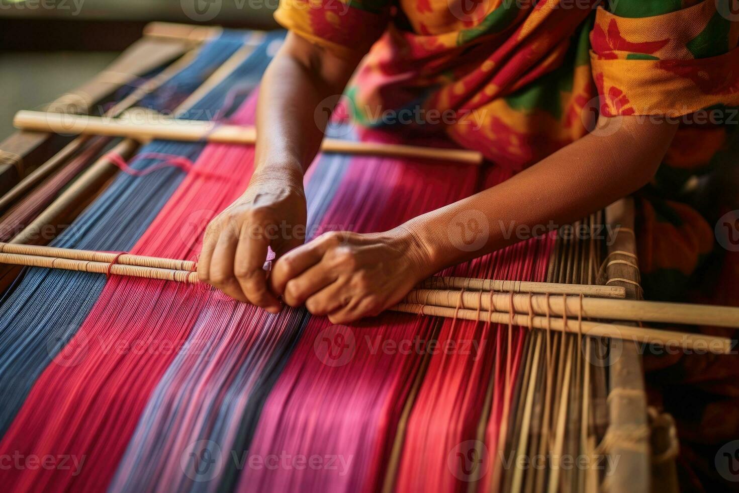 Master weaver is weaving fabric . AI Generated photo
