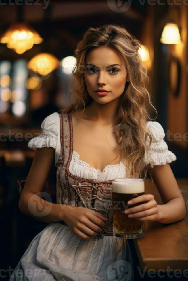 Octoberfest waitress with beer and barrel on bar background. AI Generated photo