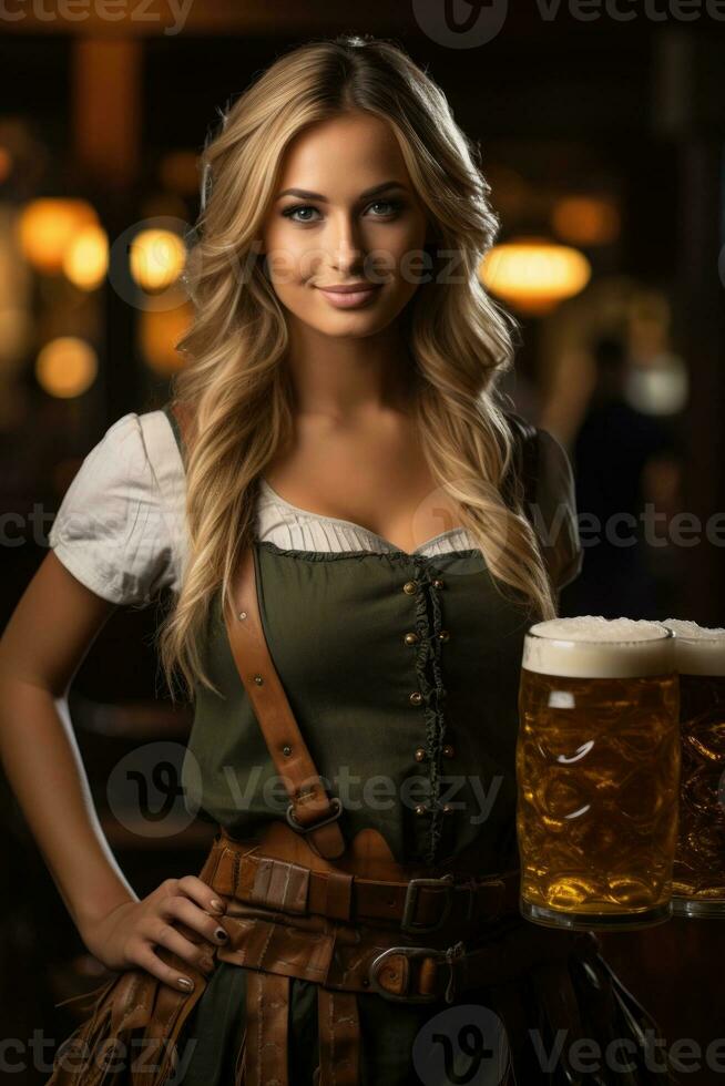 Octoberfest waitress with beer and barrel on bar background. AI Generated photo