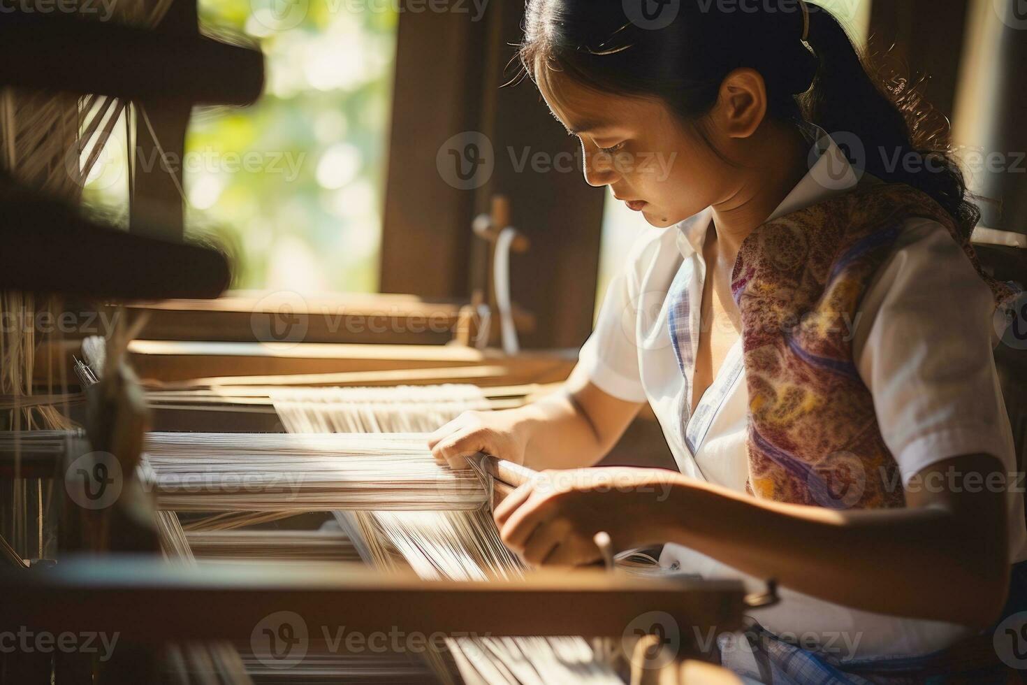 Master weaver is weaving fabric . AI Generated photo