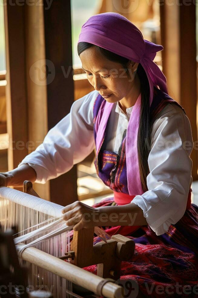 Master weaver is weaving fabric . AI Generated photo