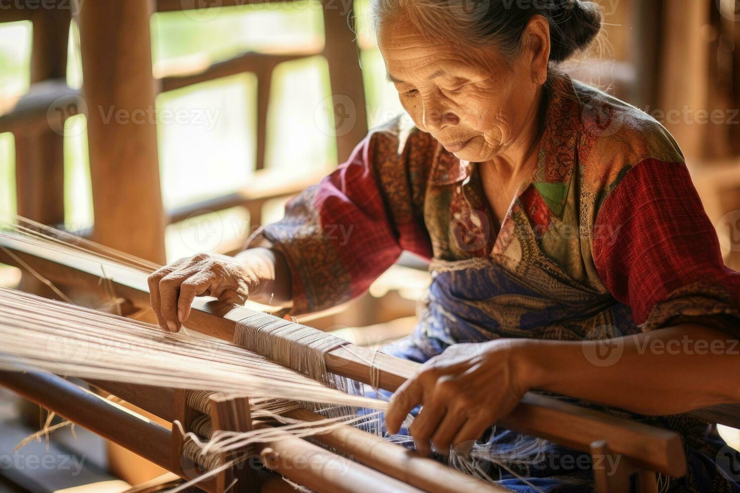Master weaver is weaving fabric . AI Generated photo
