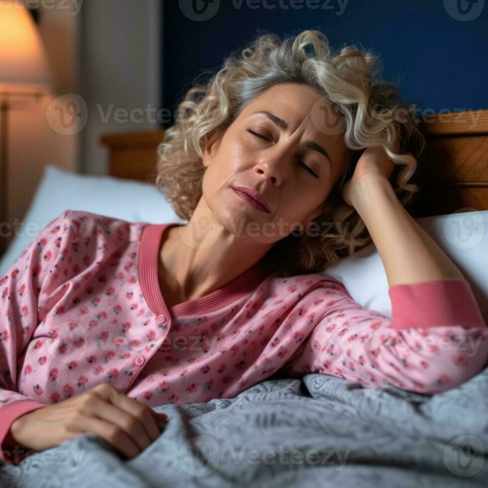 cansado medio Envejecido mujer acostado en cama hipocresía dormir tarde Mañana con insomnio. ai generado foto