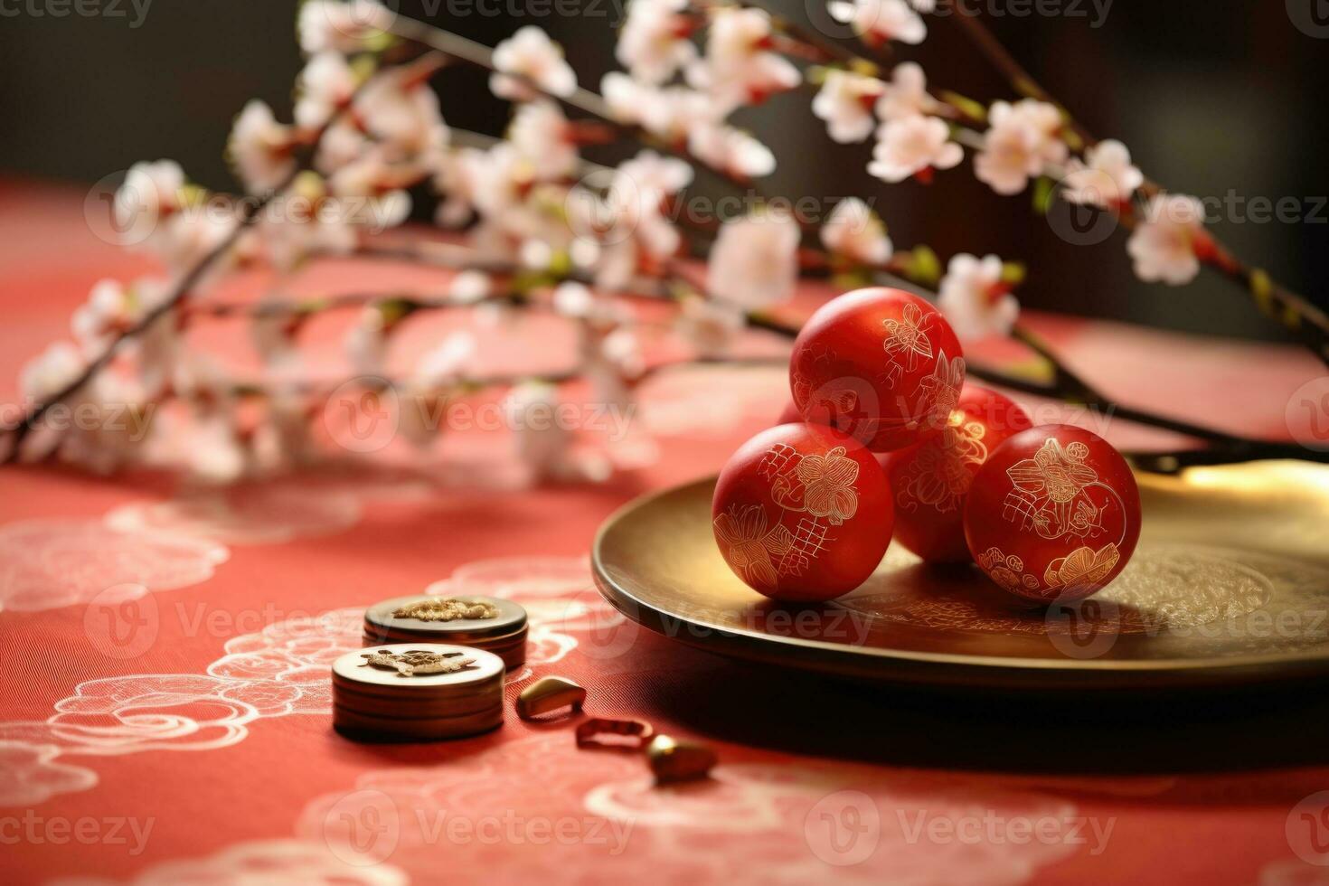 Chinese new year decorations with sakura flowers, red gift boxes and gold. AI Generated photo