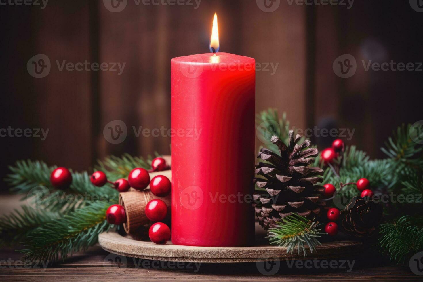 red burning candle on the first Sunday in advent. AI Generated photo