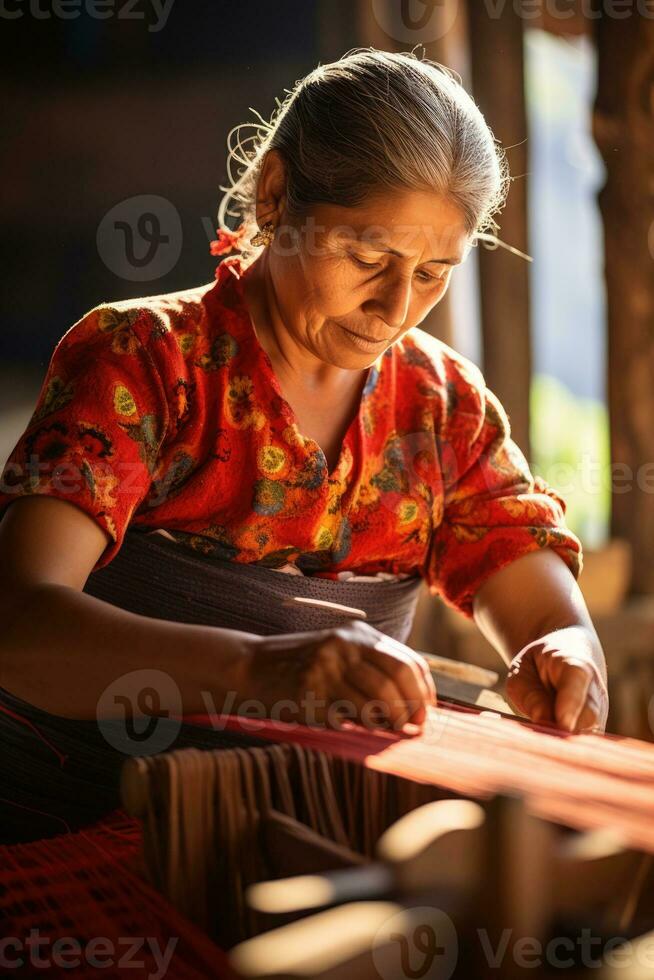 Master weaver is weaving fabric . AI Generated photo