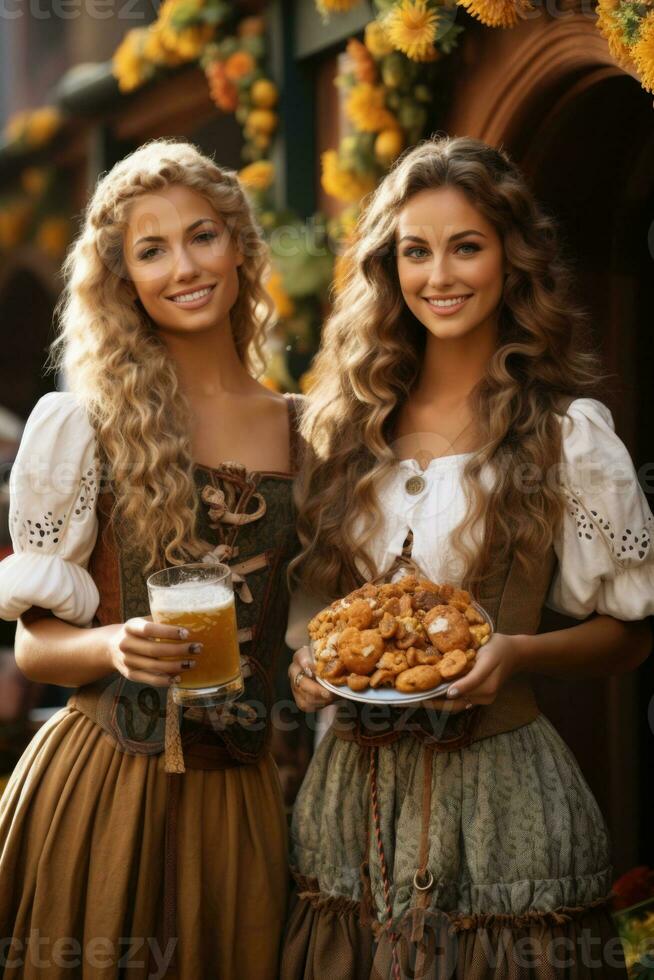 Octoberfest waitress with beer and barrel on bar background. AI Generated photo