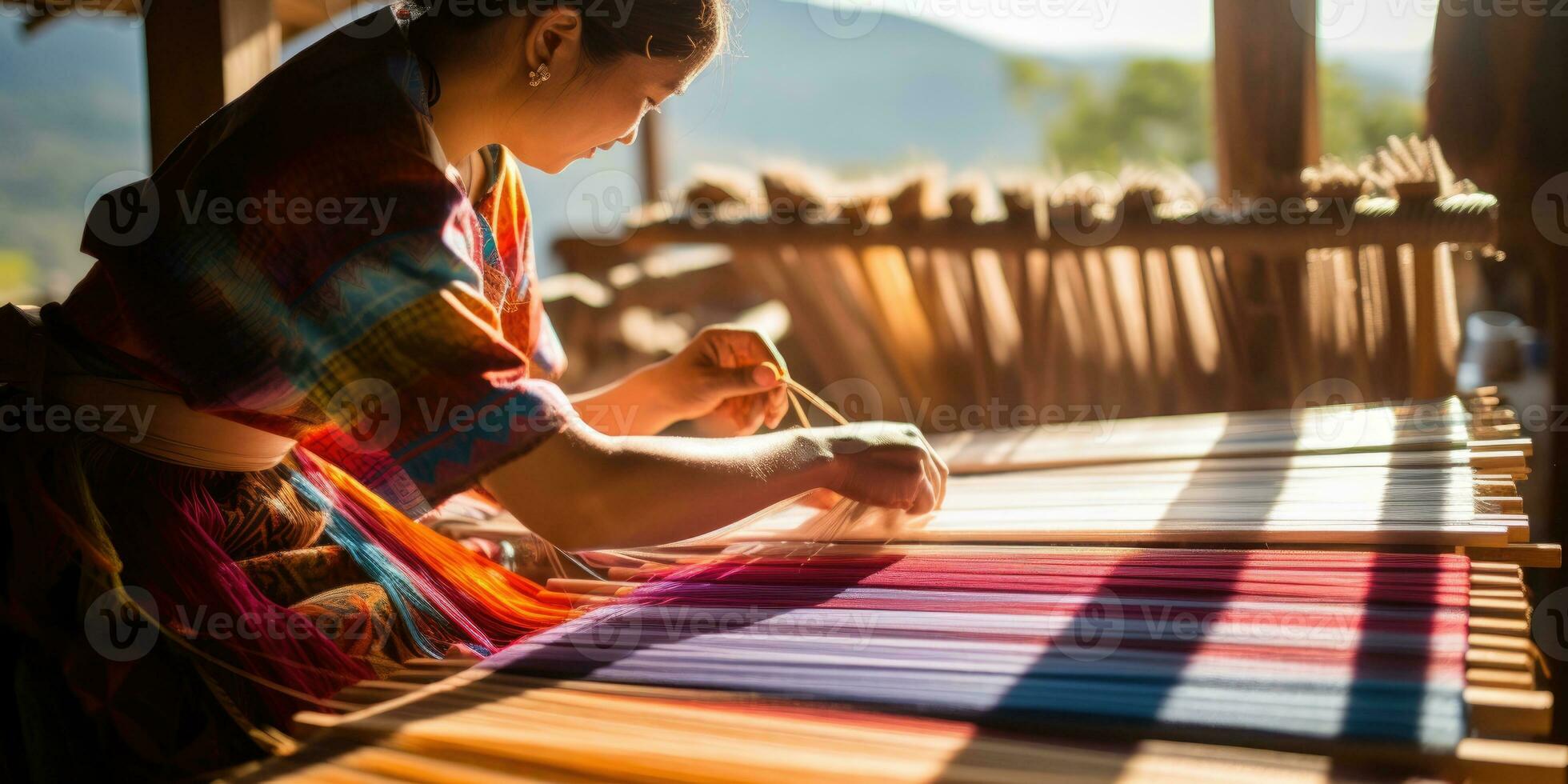 Master weaver is weaving fabric . AI Generated photo