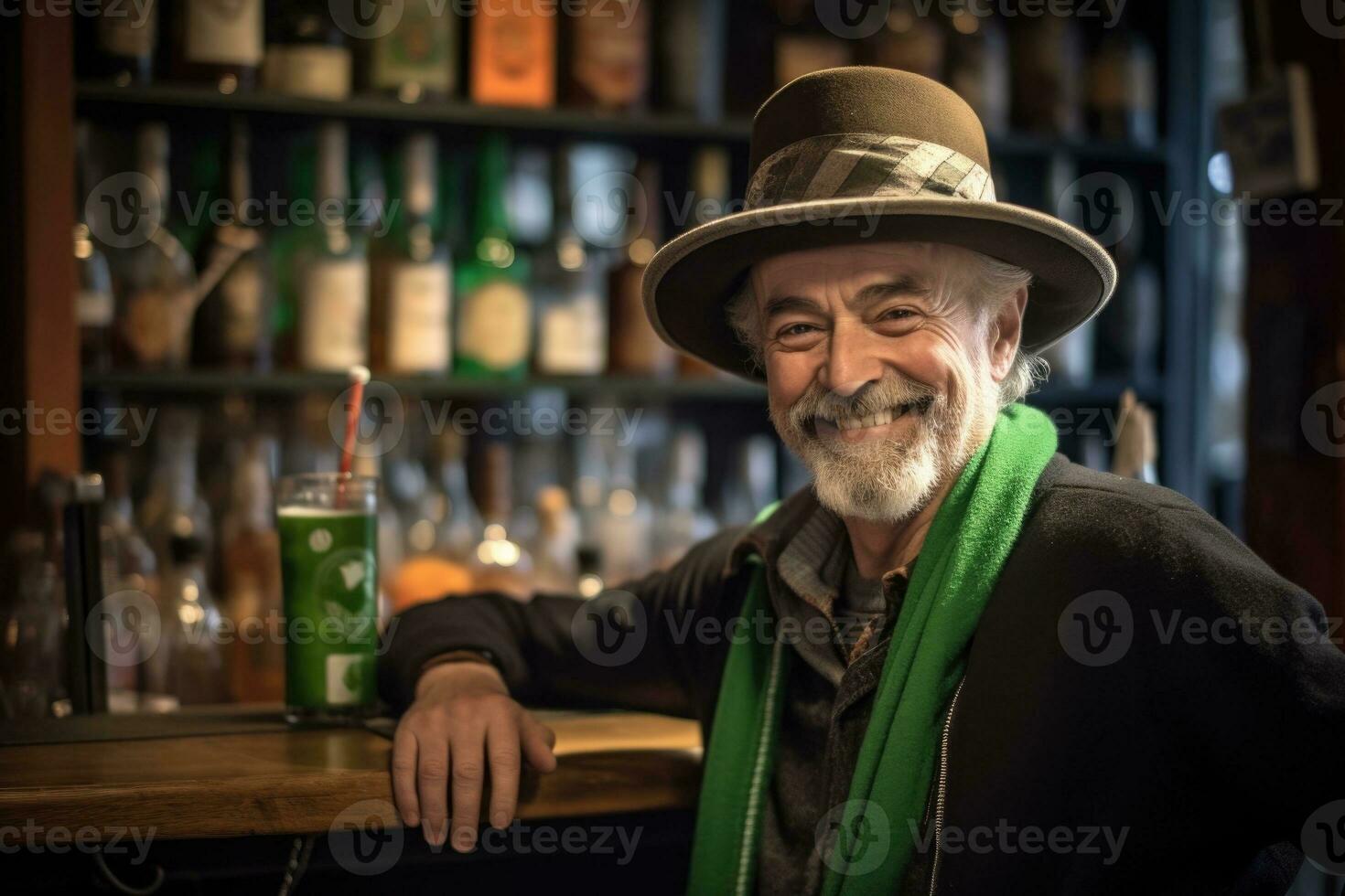 Man wearing Green hat and drinking beer on bar counter. AI Generated photo