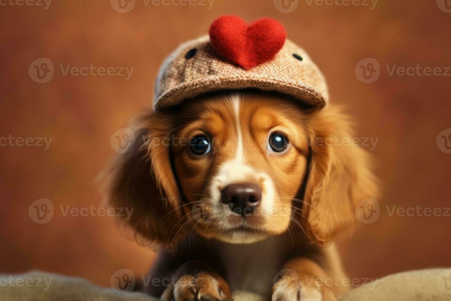 Funny portrait cute puppy dog holding red heart . AI Generated photo