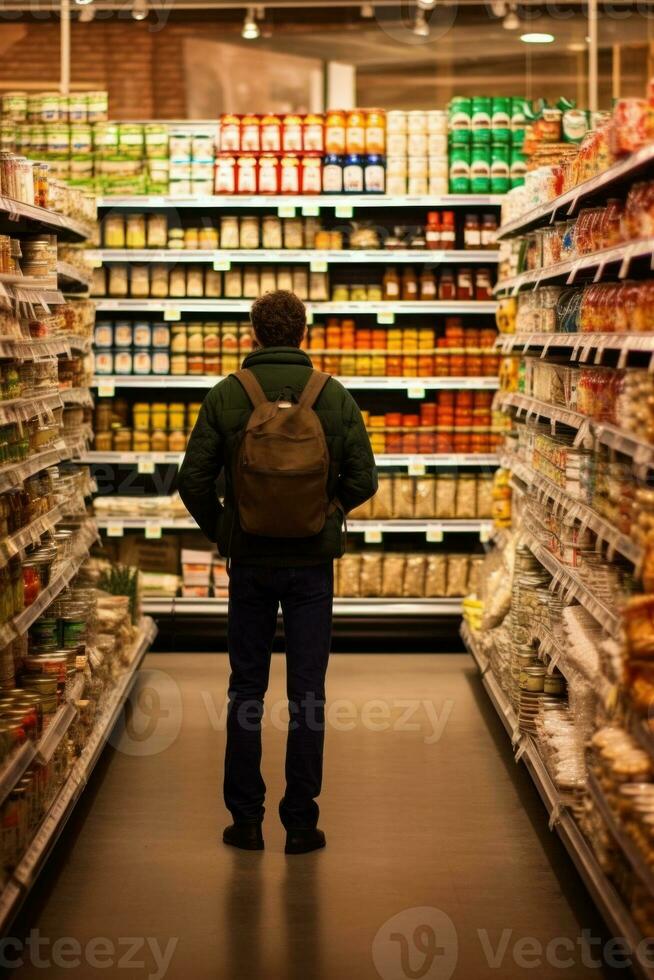 man In Supermarket Buying Groceries Food, AI Generated photo