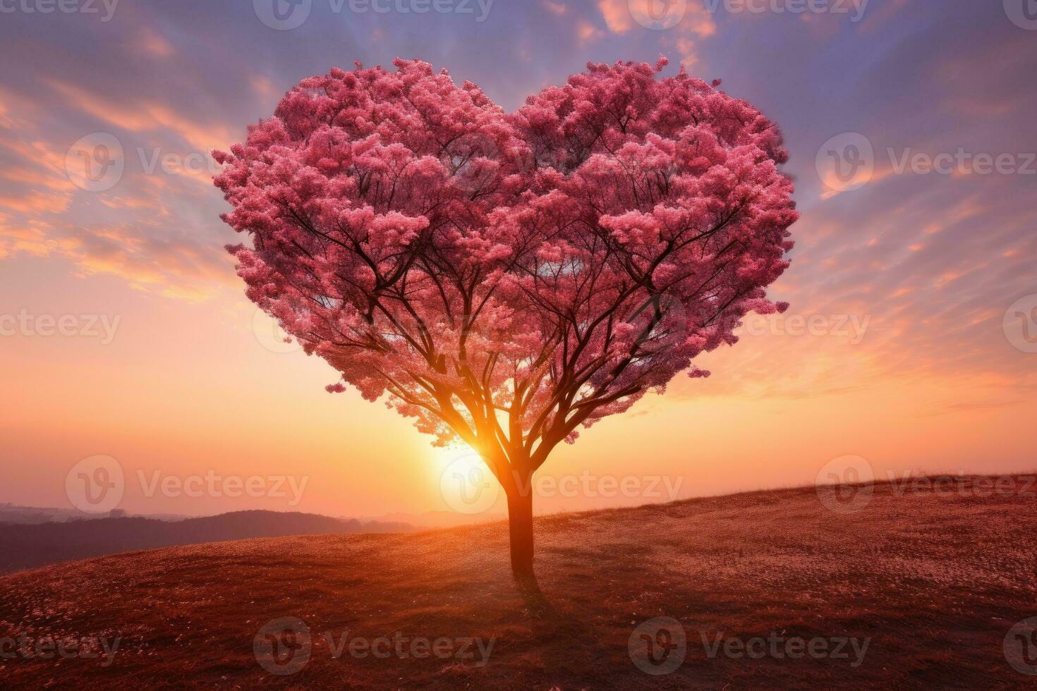 Red Heart Shaped Tree on sunset. AI Generated photo