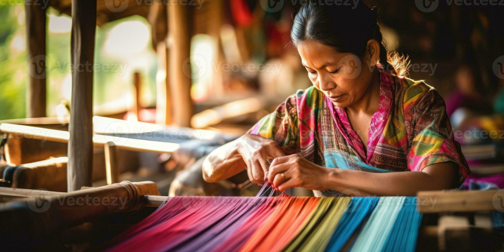 Master weaver is weaving fabric . AI Generated photo