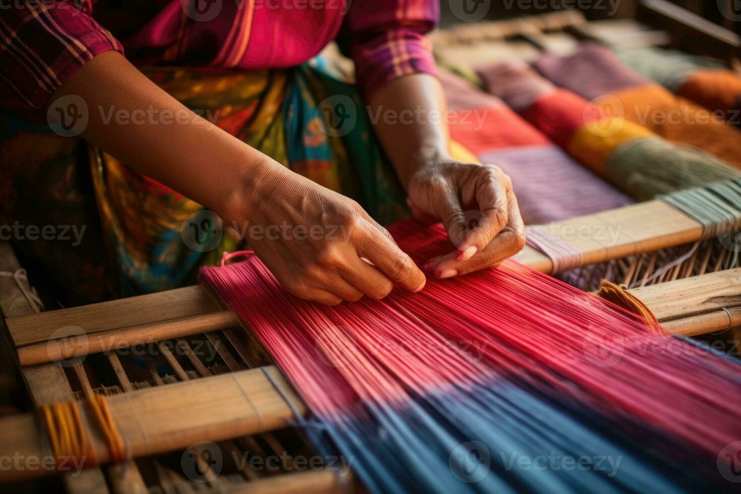 Master weaver is weaving fabric . AI Generated photo