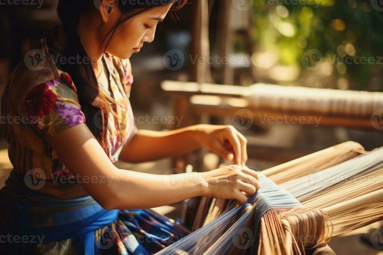 Master weaver is weaving fabric . AI Generated photo