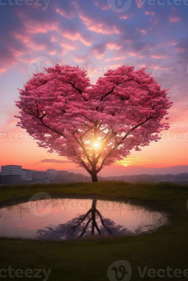 Red Heart Shaped Tree on sunset. AI Generated photo