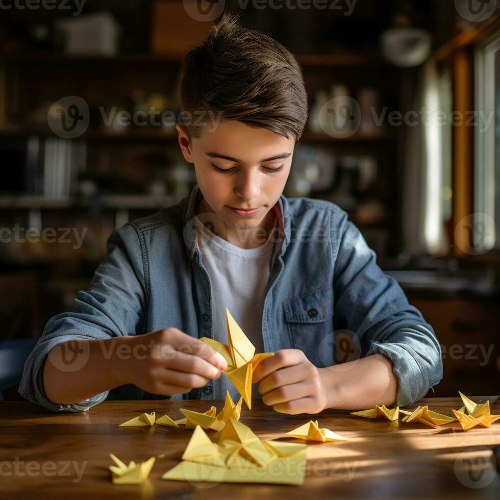 Female hands with origami. AI Generated photo