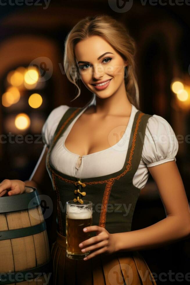 Octoberfest waitress with beer and barrel on bar background. AI Generated photo