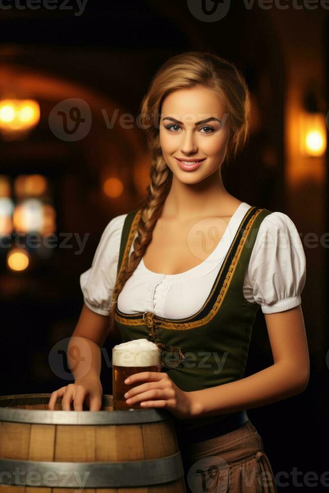 Octoberfest waitress with beer and barrel on bar background. AI Generated photo