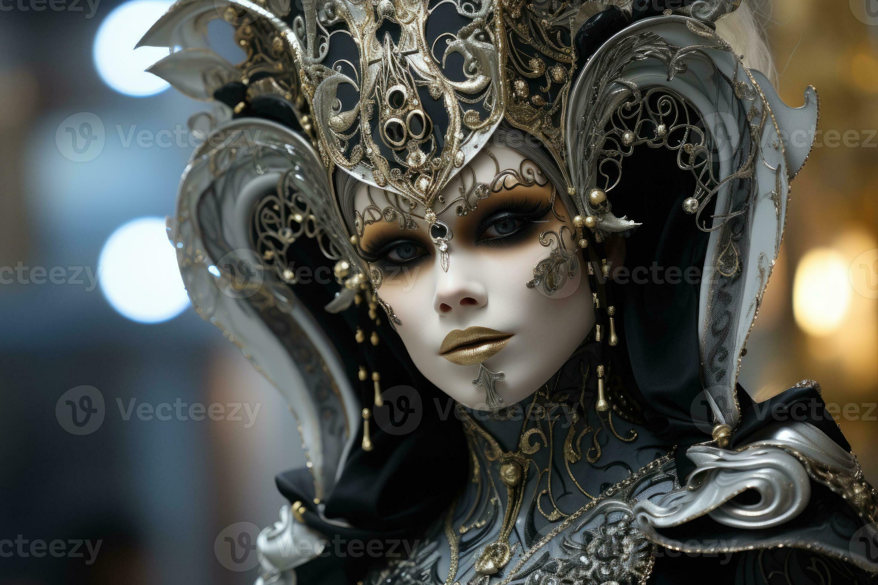 Beautiful dark model woman wearing a pink venetian masquerade mask with  black background makes eye contact. Cosplay, Venetian mask. Mardi Gras Mask,  AI generative Stock Illustration