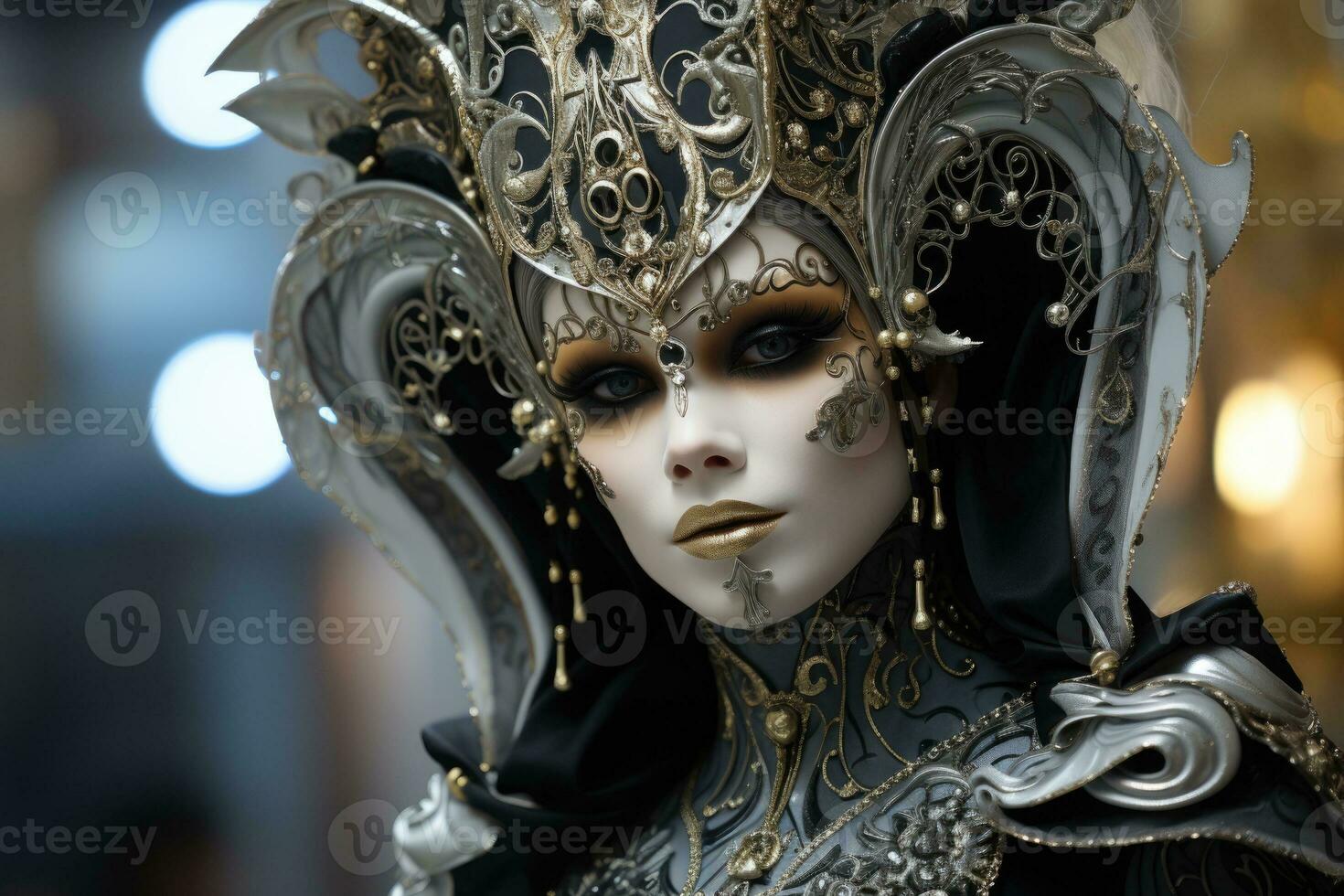 Beautiful woman in black mysterious venetian mask. AI Generated photo