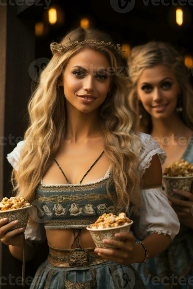 Octoberfest waitress with beer and barrel on bar background. AI Generated photo