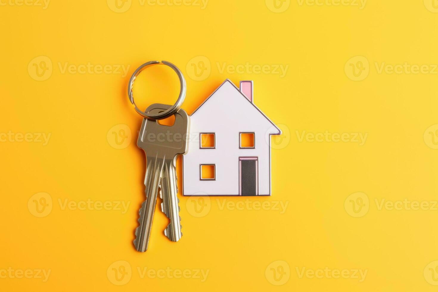 Blank house shaped keychain with two keys, isolated on yellow background. AI Generated photo